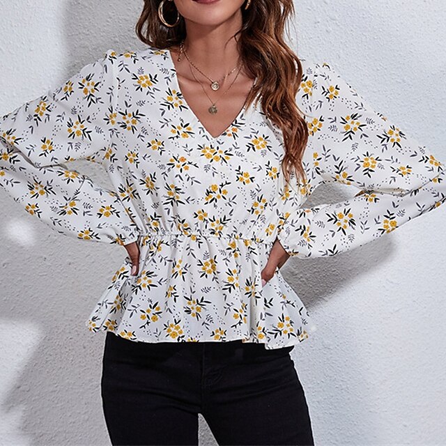  Dames Zomer tops Bloemig Dagelijks Stijlvol Basic Lange mouw Lantaarn mouw V-hals Normale tops Werk Dagelijks Feestdagen Afdrukken Wit Zomer Lente