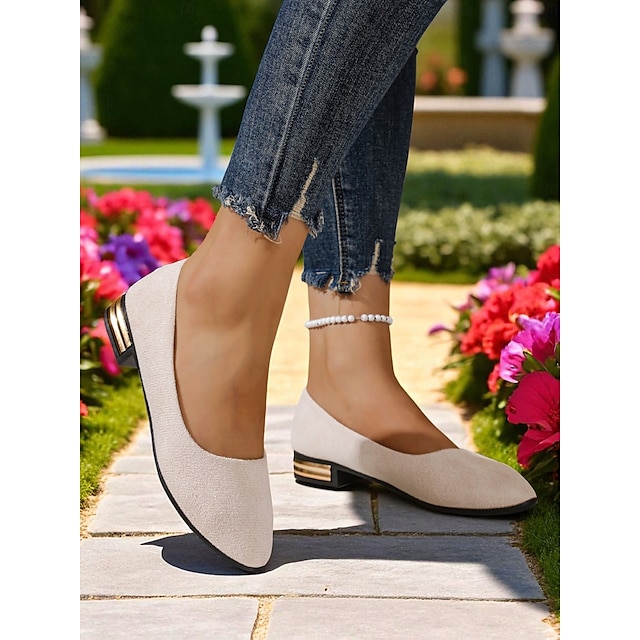  Ballerines blanches texturées pour femmes – chaussures décontractées à enfiler à bout rond avec accent de talon doré pour dames, parfaites pour les trajets quotidiens, les promenades dans le jardin ou les sorties du week-end