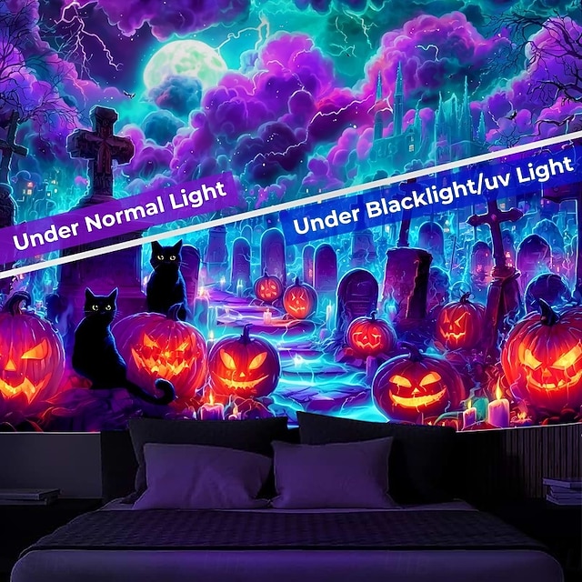 Halloween Blacklight Wall Tapestry – UV Reactive Haunted House