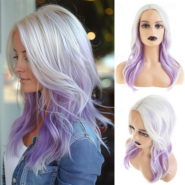  Pitkät, laineikkaat valkoiset violetit peruukit naisille, synteettiset sivujakaukset, halloween-cosplay-peruukit, korvaavat hiustyylejä