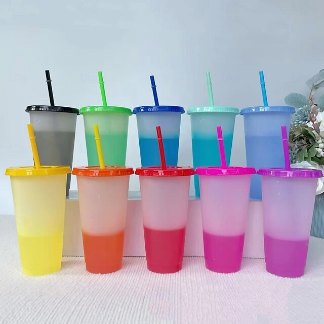  10 ks kelímků s víčky a brčky, které mění barvu, opakovaně použitelné sklenice na studené nápoje o objemu 710 ml/24 oz, plastové kelímky s teplotním senzorem, vhodné pro venkovní použití, cestování,