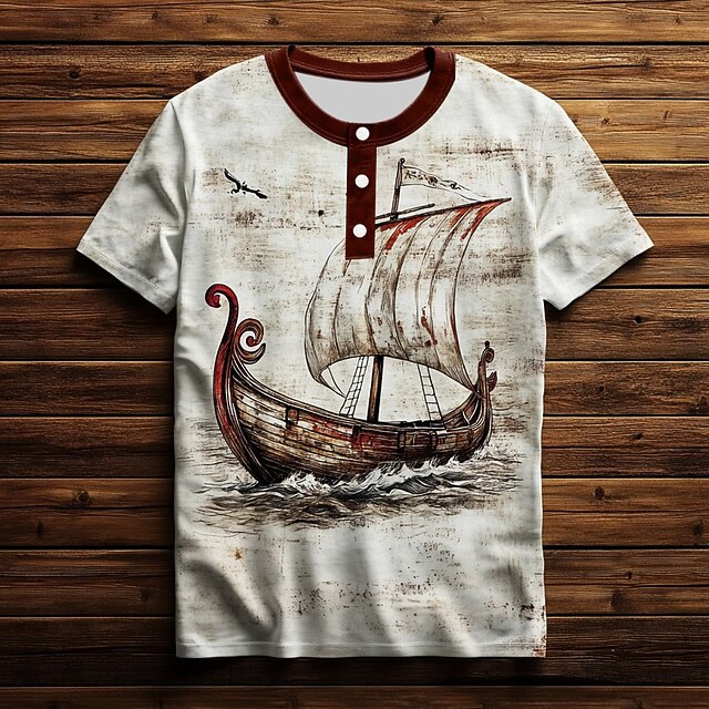 Men's Sailboat T Shirt Henley Shirt Short Sleeve Vintage Designer Retro Vintage Street Casual Daily Summer Spring All Seasons White Henley Henley T-Shirt4