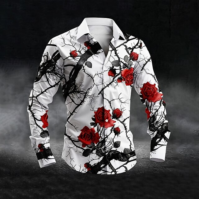 Men's Floral Print Halloween Costumes Day of the Dead Shirt Button Up Shirt Long Sleeve Dark Gothic Style Holiday Streetwear Summer Spring Turndown 3D Print Collared Shirts White4