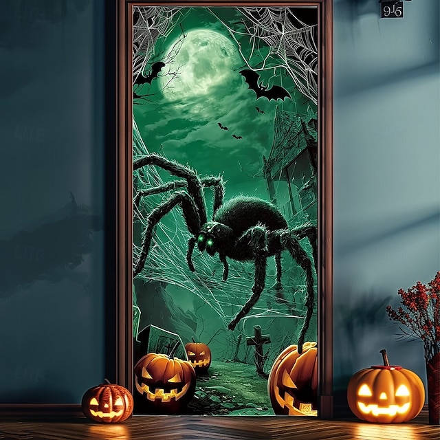  Halloween Dørdeksel – Gigantisk grønn edderkopp i spøkelsesskog skummel inngangs banner utendørs og innendørs dekorasjon Halloween 2025 soverom stue bad