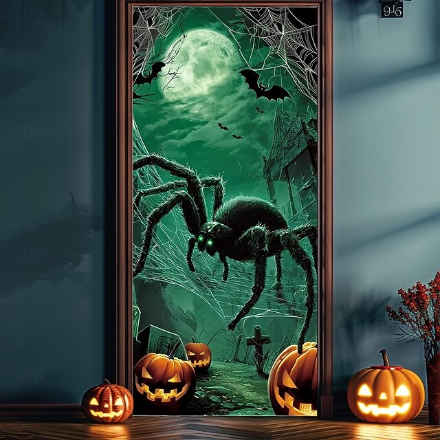 Halloween Door Cover – Giant Green Spider in Haunted Forest, Creepy Entrance Banner, Outdoor & Indoor Decoration for 2025 Halloween Bedroom, Living Room, Bathroom3