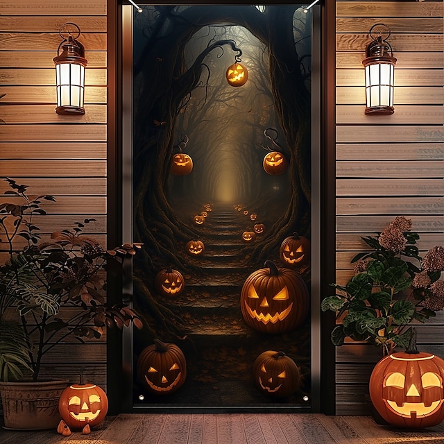  Halloween Dörröverdrag – Glödande pumpor i gotisk portal spökhus ingångsbanner höst utomhus- och inomhusdekoration för Halloween 2025 för sovrum vardagsrum badrum