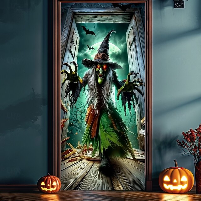 Halloween Door Cover – Wicked Green Witch Flying with Bats, Haunted House Entrance Banner, Scary Outdoor 2025 Halloween Decoration for Bedroom, Living Room, Bathroom3
