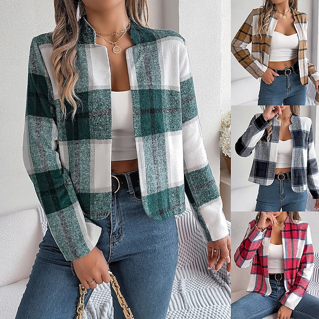  Γυναικεία Casual Jacket Άνετο Αναπνέει Στάμπα Καθημερινό Καρό Διακοπές Δρόμος Καθημερινά Ρούχα Εξόδου Ανοικτό Μπροστά Κοντό Όρθιος Γιακάς Κανονικό Μακρυμάνικο Εξωτερικά ενδύματα