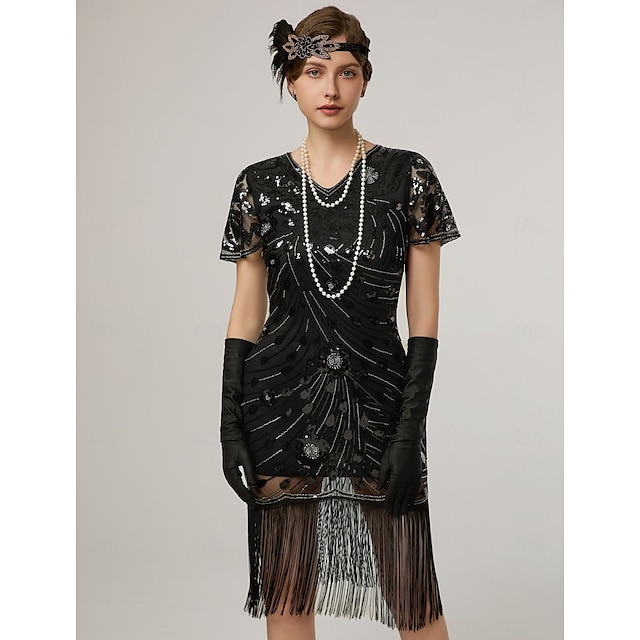  Retro Vintage Goldene Zwanziger 1920er Midlänge Flapper Kleid Cocktailkleid Der große Gatsby Flapper-Mädchen Pailletten Fransen V Ausschnitt Damen Weihnachten Halloween Karneval Hochzeit