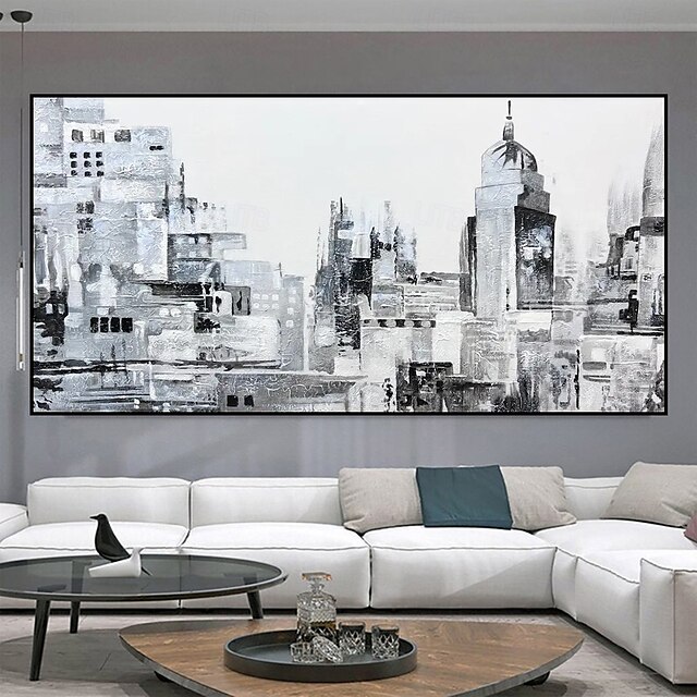  Peinture à l'huile faite à la main sur toile, décoration murale moderne abstraite, paysage architectural noir et blanc pour salon, décoration d'intérieur, peinture roulée sans cadre, non tendue