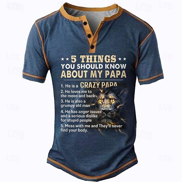 Mens Funny Papa Gift Graphic Tee - '5 Things You Should Know About My Protective Dad' Henley Short Sleeve T-Shirt 6