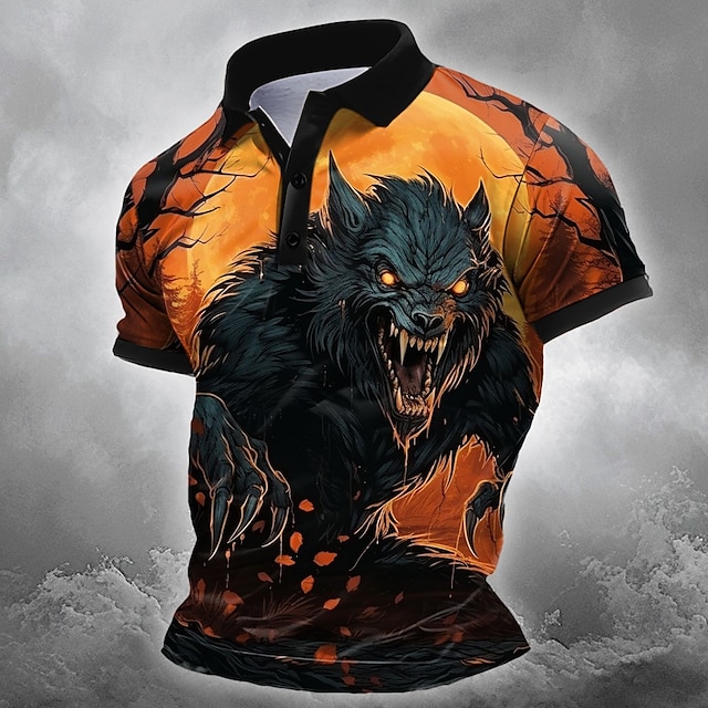  Halloween Herren Tiermotiv Polo Kurzarm Polo-Shirts Hemden mit Kragen Lässig Horror Dunkel Athleisure Festival-Outfit 3D-Druck Knöpfe Sommer Schwarz Orange