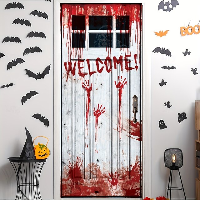  Spöklik halloween dörrdekal - 71,65x28,35 tum, blodröd handavtryck välkomstskylt &pumpor, plast, perfekta för fest &heminredning, halloweendekorationer