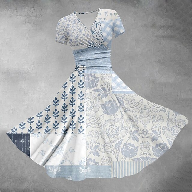 Women's Midi Dress Casual Dress Summer Dress Fashion Modern Daily Beach Weekend Regular Fit Flower Short Sleeve V Neck Blue Spring Fall4
