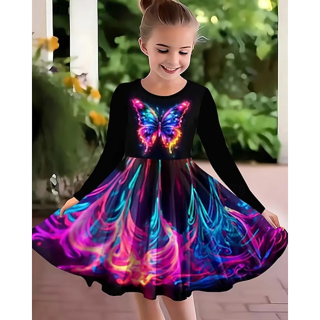  Girls' 3D Butterfly Dress Long Sleeve Summer Spring Vacation Daily Holiday Princess Beautiful Sweet Kids 4-12 Years Casual Dress A Line Dress Knee-length Regular Fit