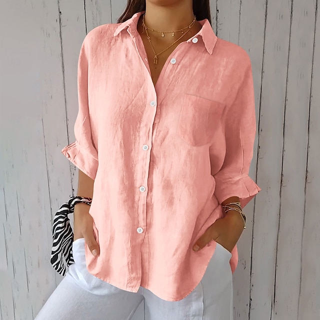  Pentru femei Bluză Culoare solidă Elegant Epocă Tropical Manșon Lung Guler Cămașă Topuri obișnuite Zilnic Concediu Nasturi Negru Alb Roz Îmbujorat Bleumarin Albastru piscină Vară Primăvară Toamnă