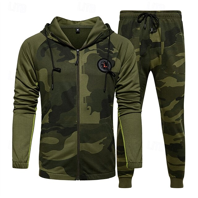  Voor heren Trui met capuchon Trainingspak Hoodie met volledige rits sweatsuit Leger Groen Khaki Grijs Capuchon camouflage 2-stuks Sport & Outdoor Dagelijks Feestdagen Polyester Streetwear Basic Casual