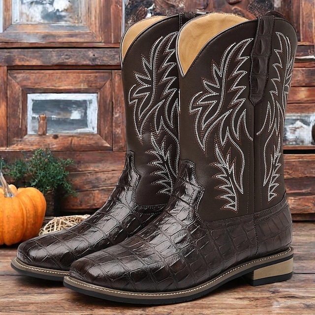  Bottes de cowboy western en cuir de vachette noir gaufré pour hommes avec bout pointu et coutures classiques, chaussures élégantes pour les événements country, l'équitation et la mode rodéo