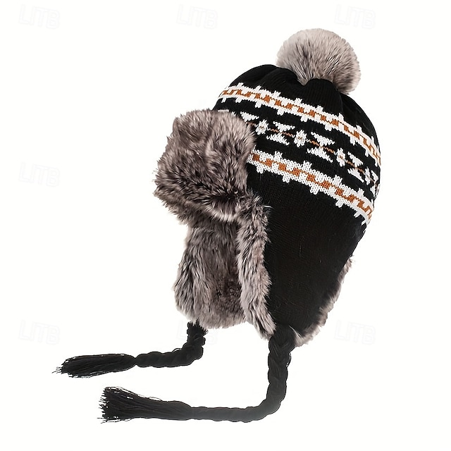  Stretch Knit Plush Winter Hat with Detachable Ear Flaps & Pom-Pom - Grid Pattern, Adjustable Drawstring for Outdoor Sports, Christmas Holiday - Black/White/Blue/Red, Winter Accessories