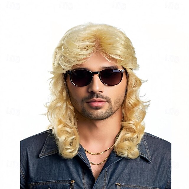  70s Style Retro Mullet Wig 80s Style Costume Long Wavy Brown Hair with Sunglasses Costume Accessory