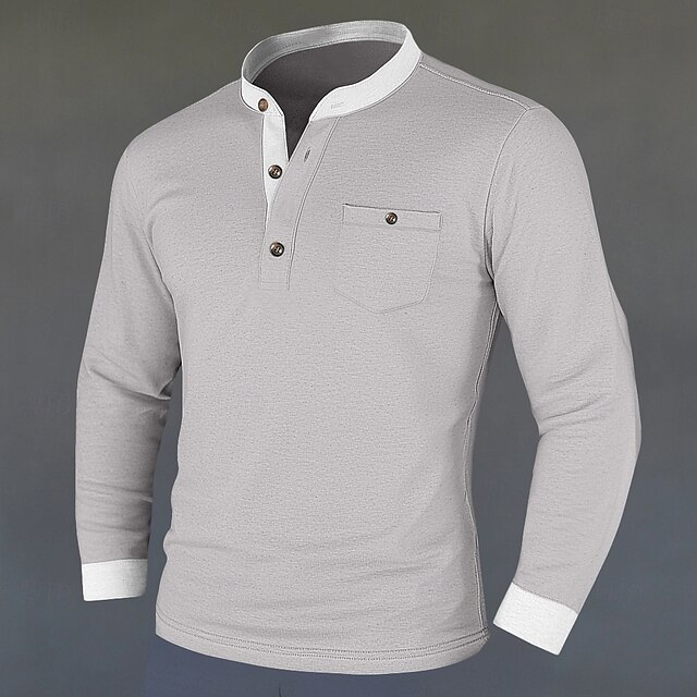  Herren Henley Hemd T-Shirt T-Shirt aus Baumwollmischung Langarm Farbblock Einheitliche Farbe Mode Designer Basic Patchwork Stehkragen Henley Urlaub Straße Lässig Frühling & Herbst Schwarz Marineblau