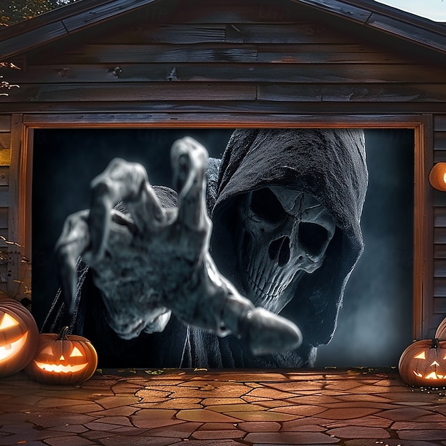  Halloweenowa osłona drzwi garażowych – grim reaper z czaszką odporna na warunki atmosferyczne straszna dekoracja na zewnątrz na Halloween 2025 do przodu domu