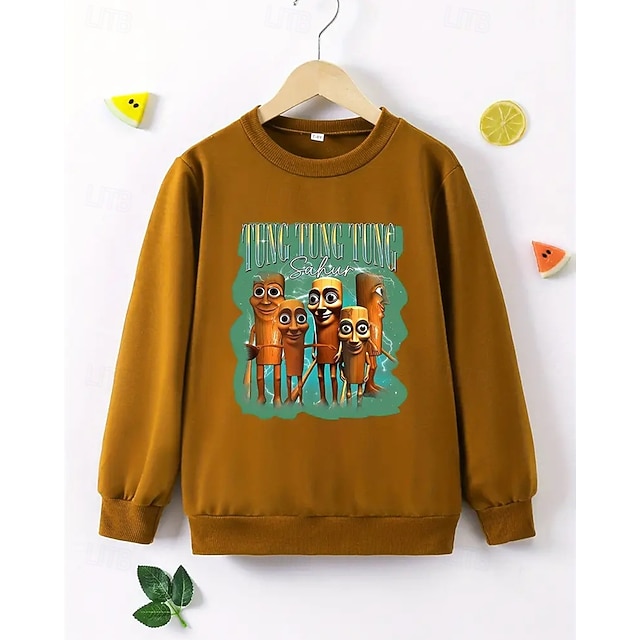 Jungen Langarmshirt mit italienischem Brain Rot Element Tung Tung Tung Sahur Print Frühling Herbst Mode Basic Kinder 4-12 Jahre Rundhalsausschnitt Outdoor Casual Täglich Regular Fit
