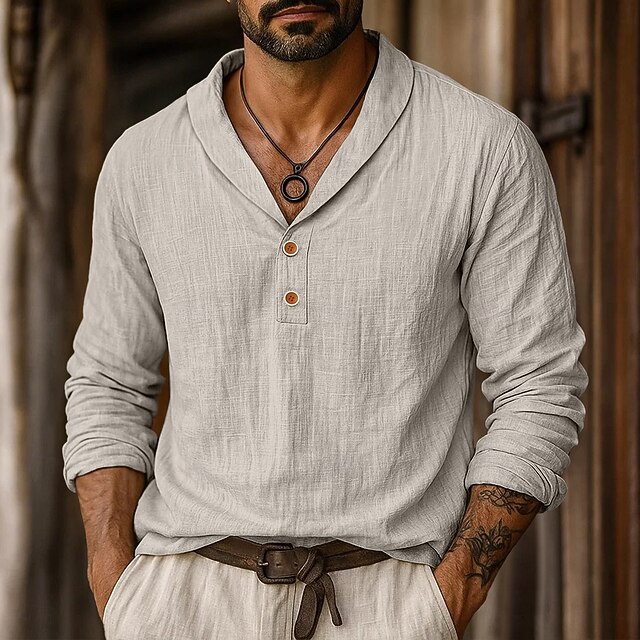 Men's Shirt Linen Shirt Popover Shirt Summer Shirt Beach Wear Solid Color Vacation Street Black Blue Khaki Long Sleeve Collar Summer Spring Clothing Apparel4