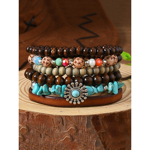 Set di braccialetti stile Boho con perline naturali giallo verde turchese e bracciale a foglia placcata in argento - Set da 3 pezzi - Italia