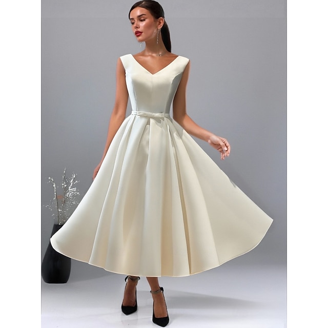  ancien Années 1950 Midi Robe de cocktail Robe trapèze Petite Robe Blanche Mariée Couleur Unie Ligne A Col en V Femmes Carnaval Mascarade Mariage Douche nuptiale Enterrement de Vie de Jeune Fille