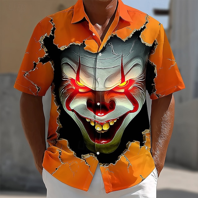  Halloween Voor heren Griezelige clown Duivel Clown Overhemd Zomer overhemd Overhemd met knopen Korte mouw Donkere punkgotiek Feestdagen Streetwear Zomer Lente Strijkijzer 3D-afdrukken shirts met kraag