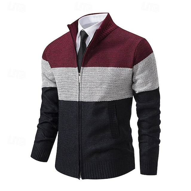  Herren Strickjacke Kurzer Pullover Reißverschluss-Pullover Strickpullover Gerippt Stricken Normale Oberteile Patchwork Fleece Farbblock Stehkragen Mode Klassisch Urlaub Alltagskleidung Bekleidung