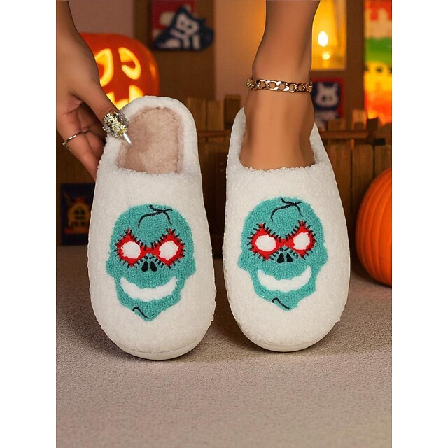  Pantuflas de calavera afelpadas para mujer: cálidas pantuflas de felpa para interiores, cómodas pantuflas sin cordones con temática de Halloween para el hogar, fiestas y ropa de estar en casa durante
