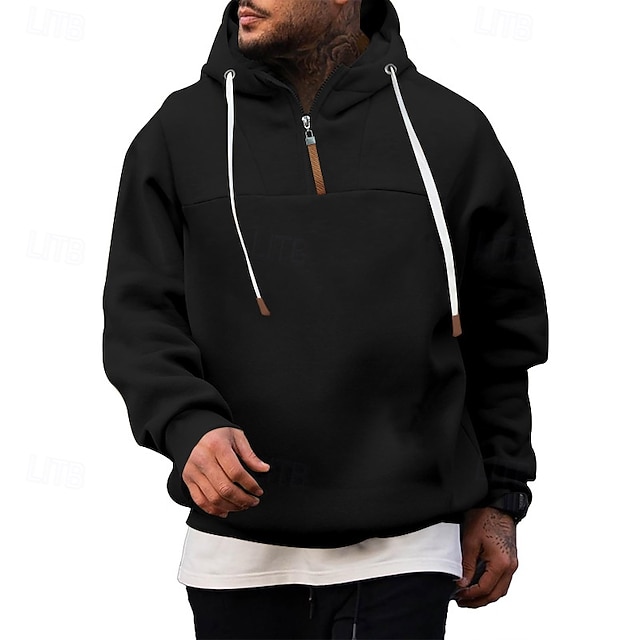  Homme Sweat à capuche Sweat à capuche quart zippé Sweat à capuche en polaire Noir Blanche Vin bleu marine Kaki À capuche Uni Cordon de serrage Quart de zip Sport & Loisir Quotidien Fête Polyester
