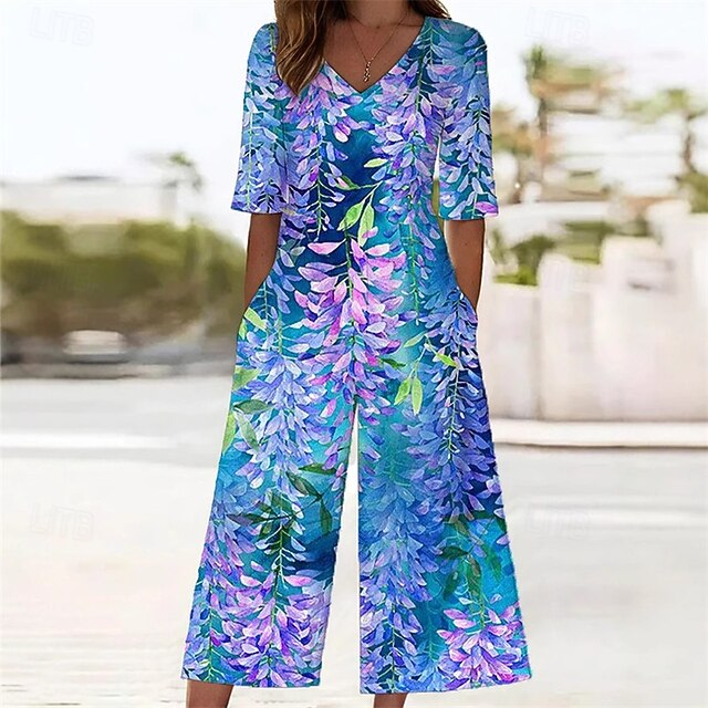Women's Normal Jumpsuit Streetwear Floral Short Sleeve Wide Leg V Neck Pocket Print Street Daily Regular Fit Blue Summer4