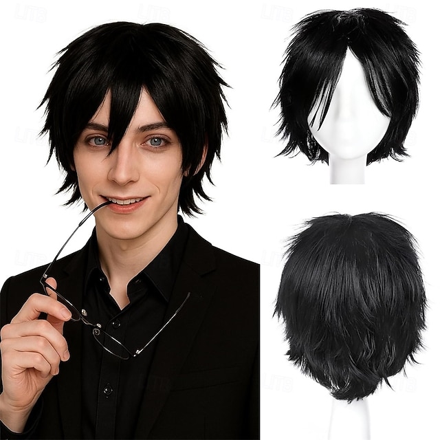  Pelucas cortas de anime para cosplay, para fiesta de Halloween, con capas puntiagudas, cabello sintético corto para hombres. &estilo negro para mujer