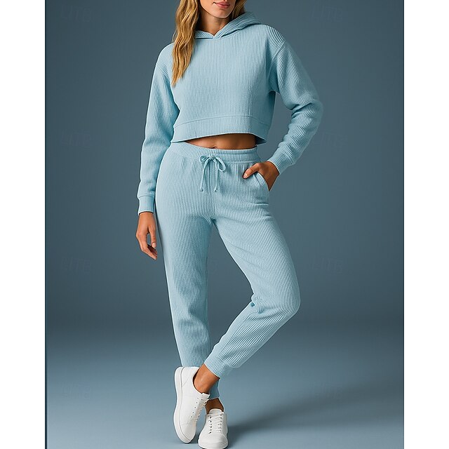 Femmes Ensemble Survetement Jogging Pantalon Sweat-shirt à enfiler Cordon de serrage À capuche Couleur Unie Ensemble Vêtements Printemps Gris foncé Noir Salle de sport Extérieur Course Taille haute