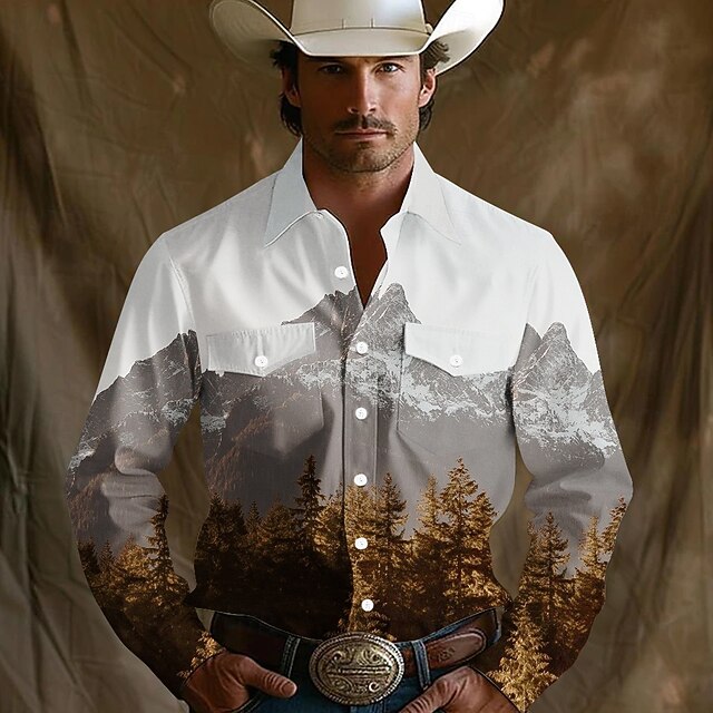 Men's Nature & Landscapes Mountain Western Shirt Button Up Shirt Cowboy Shirt Long Sleeve Western Vintage Retro Outdoor Camping & Hiking Spring Fall Turndown Collared Shirts Front Two Pockets White4
