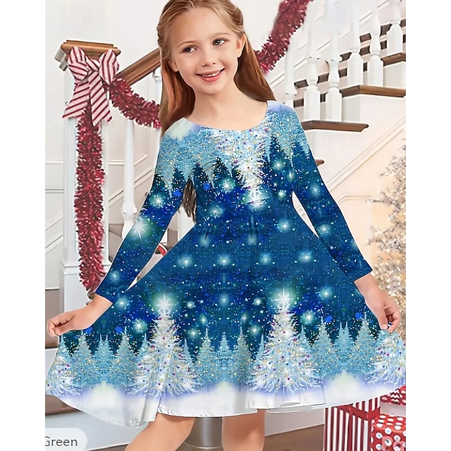  Girls ' 3D Fulg zăpadă Copaci Rochie Manșon Lung Vară Primăvară Vacanță Zilnic Concediu Prințesă Frumoasa Dulce Copii 4-12 ani Rochie casual Rochie A line Lungime Genunchi Fit regulat