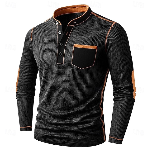  Men's Waffle Henley Shirt Tee Long Sleeve Solid Color Plain Fashion Designer Casual Color Block Buttons Henley Outdoor Casual Daily Summer Fall Winter Black Navy Blue khaki Henley T-Shirt