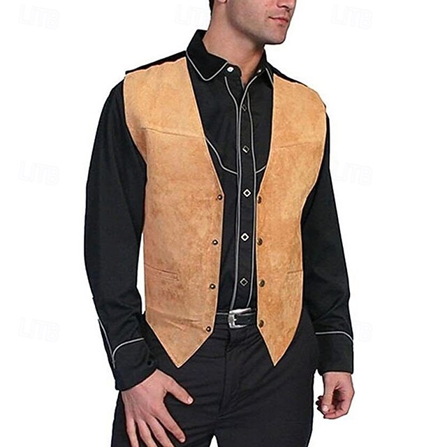 Men's Faux Suede Vest Vest Gilet Vacation Party Business Fashion Casual Summer Spring Pocket Buttons Acrylic Comfortable Solid Color Single Breasted One-button V Neck Regular Fit Black Yellow Brown4