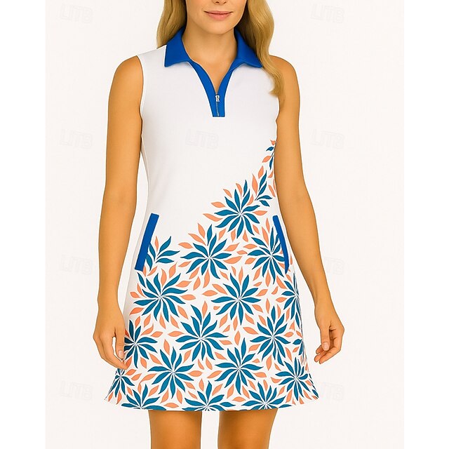 Women's Floral Tennis Dress Golf Dress Sleeveless Dress Sleeveless Zipper UV Protection Elastic Breathable Tennis Golf Badminton Polo Collar Dress White Tennis Clothing3