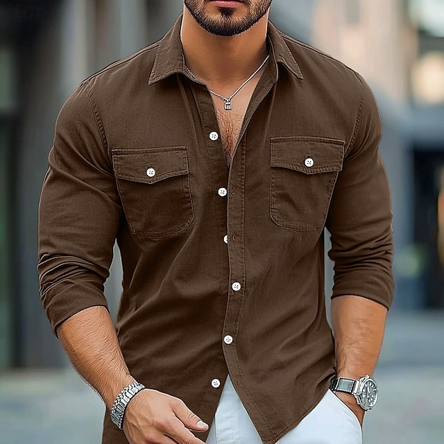  Herren Hemd Strandbekleidung Freizeithemd Knopfhemd Einfach Urlaub Lässig Schwarz Braun Grün Grau Langarm Revers Sommer Frühling & Sommer Bekleidung Knöpfe