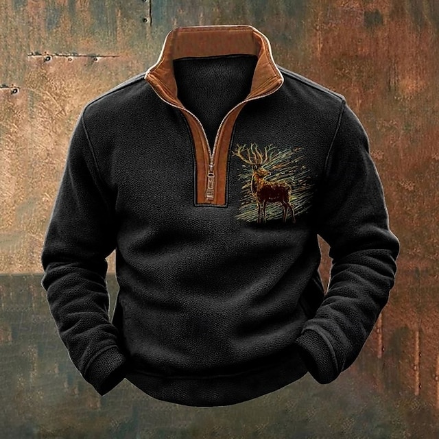  Homme Sweat-shirt Sweat-shirt quart de fermeture éclair Noir Gris Demi-zip Bloc de Couleur Renne Demi-zip Imprimé Sport & Loisir Quotidien Fête ancien Streetwear Occasionnel Automne & Hiver Vêtement
