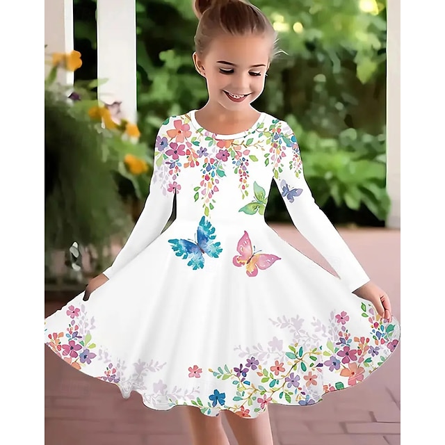  Mädchen' 3D Schmetterling Kleid Langarm Sommer Frühling Urlaub Täglich Ferien Prinzessin Schön Süß Kinder 4-12 Jahre Freizeitkleid A Linie Kleid Knielang Normale Passform