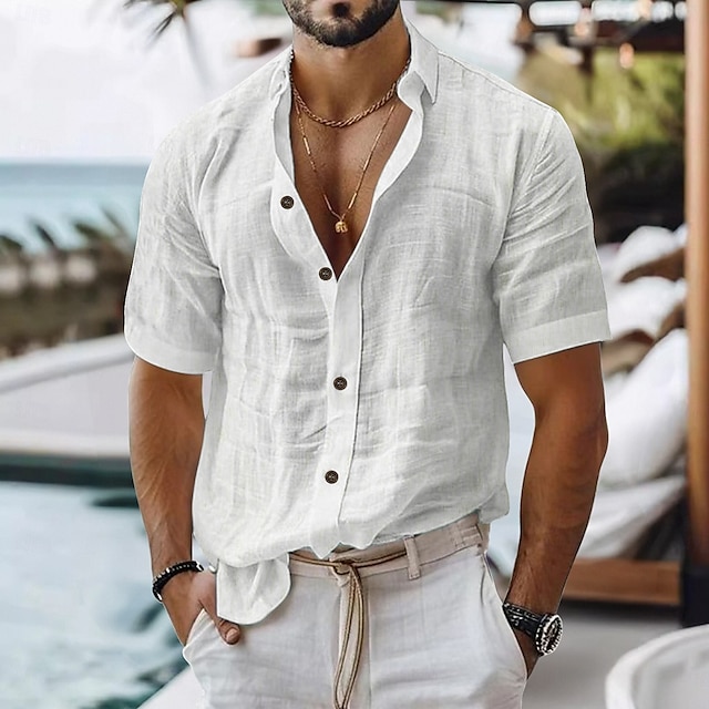  Per uomo Camicia di lino Camicia casual Camicia in cotone e lino Camicia con Bottoni Colore Solido / Tinta Unita Vacanza Abbigliamento quotidiano Bianco Verde chiaro Rosa Blu marino scuro Manica Corta