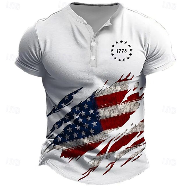 Men's American US Flag T Shirt Henley Shirt Short Sleeve Designer Retro Vintage Casual Street Casual Daily Summer Spring White Light Blue Henley Henley T-Shirt4