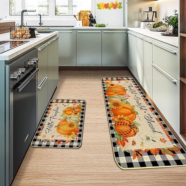  Höstens pumpa linnemattor set - absorberande, oljebeständigt kök &Dörrmattor för entrén, set med 2 delar