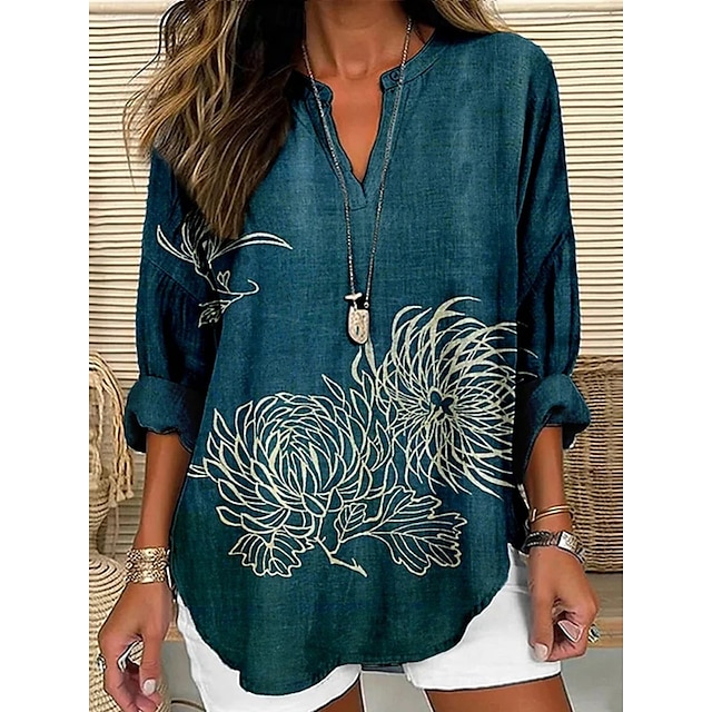  Dames Overhemd Bloemig Dagelijks Casual Lange mouw Overhemdkraag Normale tops Dagelijks Feestdagen Knop Afdrukken Marineblauw Lente Herfst