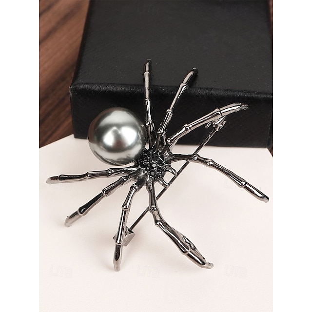  Spilla ragno di Halloween da donna – spilla a forma di ragno nero in lega con perla sintetica, gioiello vintage in stile gotico per donna, ideale per feste, cosplay e accessori per costumi